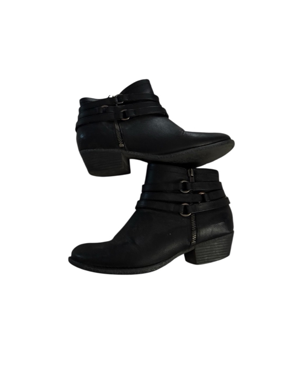 Nicole•Black Leather Ankle Booties with Buckled Straps